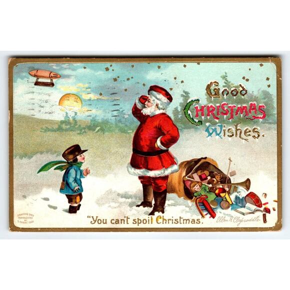 Santa Claus Christmas Postcard Ellen Clapsaddle Airship Blimp Sun With Face 1909 - Picture 1 of 2